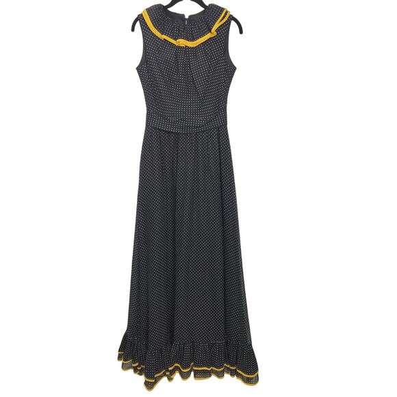 Vintage Miss Elliette VTG Maxi Dress Polka Dot Ruffle Peter Pan Collar Bow 60s - Picture 2 of 13